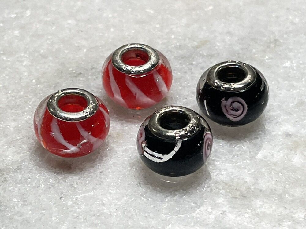 Four 925 Sterling Silver Black Cherry Red & White Murano Glass Bead Beads Charm
